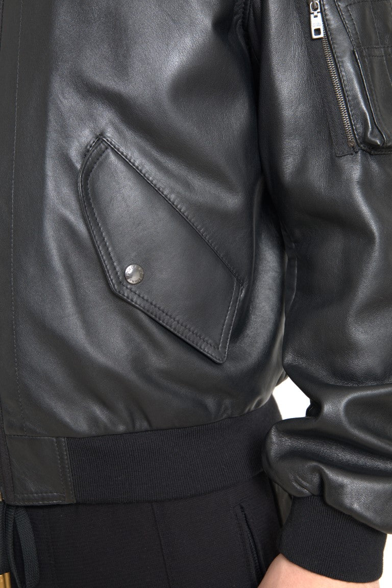 Elegant Black Leather Bomber Jacket Dolce & Gabbana