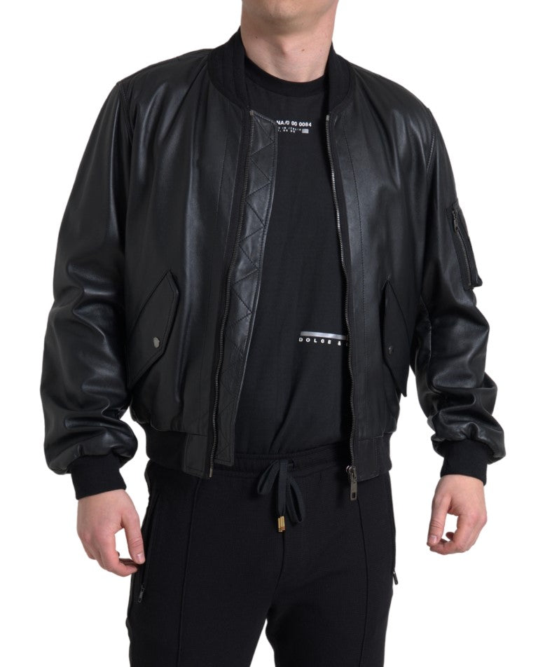 Elegant Black Leather Bomber Jacket Dolce & Gabbana