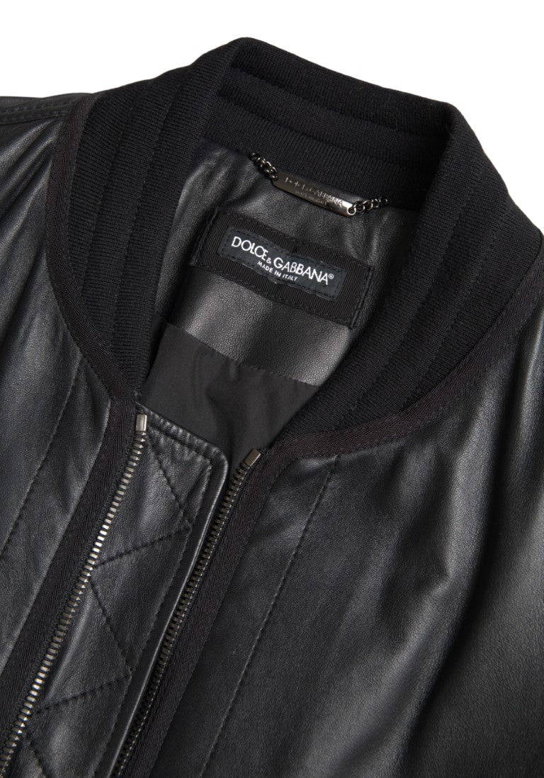 Elegant Black Leather Bomber Jacket Dolce & Gabbana