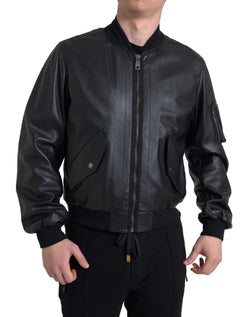 Elegant Black Leather Bomber Jacket Dolce & Gabbana