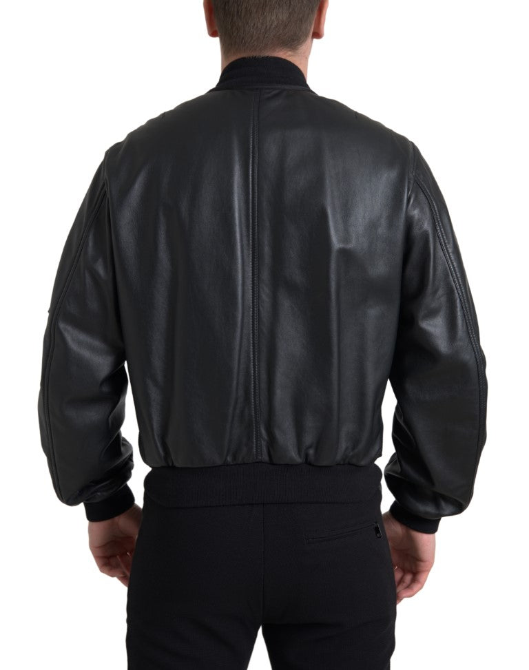 Elegant Black Leather Bomber Jacket Dolce & Gabbana