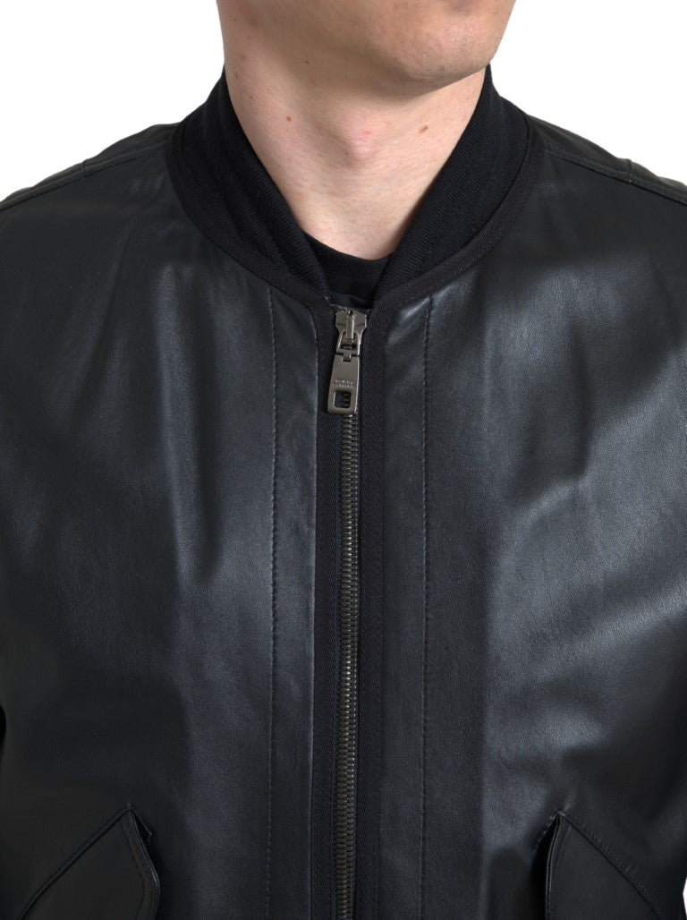 Elegant Black Leather Bomber Jacket Dolce & Gabbana