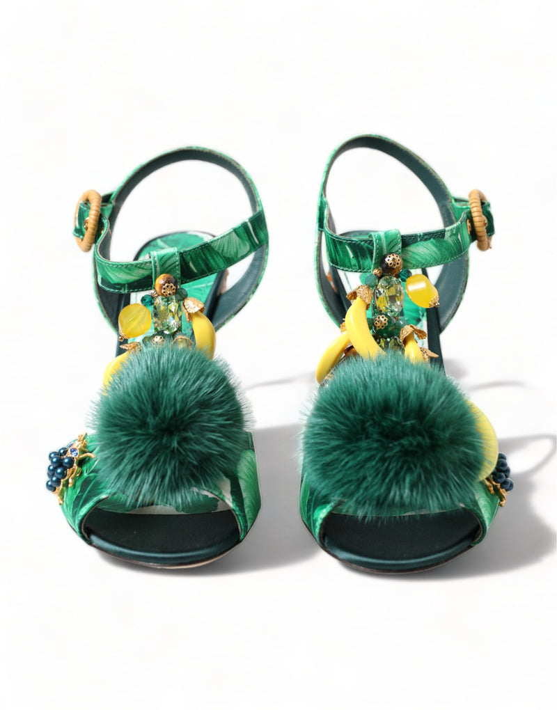 Green Crystal Mink Fur T-Strap Sandals Dolce & Gabbana