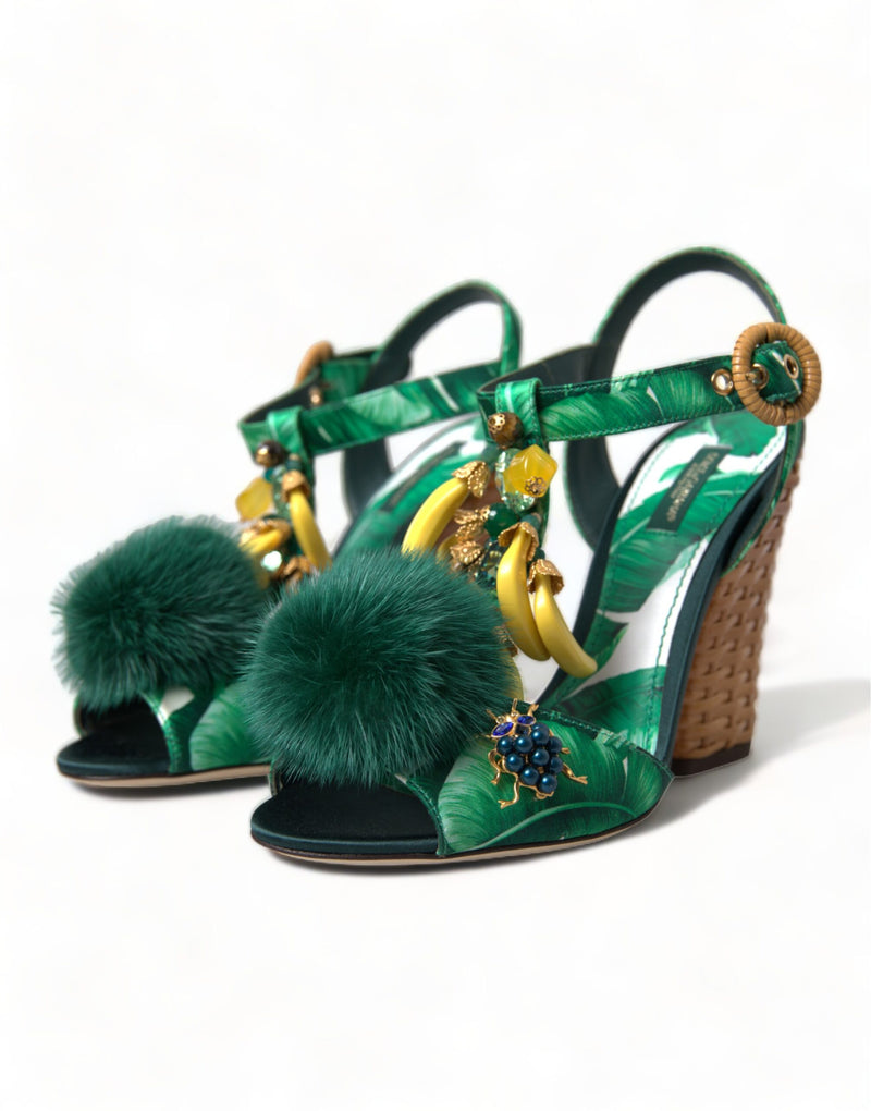 Green Crystal Mink Fur T-Strap Sandals Dolce & Gabbana