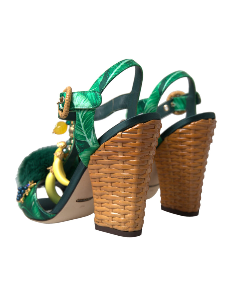 Green Crystal Mink Fur T-Strap Sandals Dolce & Gabbana