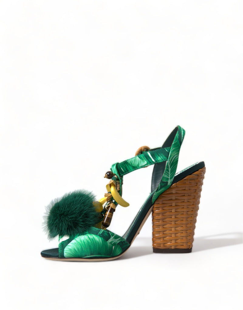 Green Crystal Mink Fur T-Strap Sandals Dolce & Gabbana