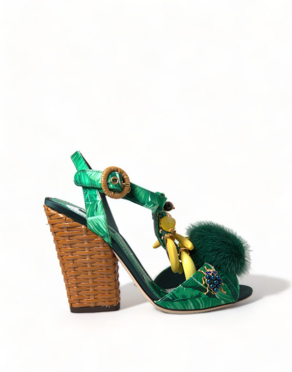 Green Crystal Mink Fur T-Strap Sandals Dolce & Gabbana