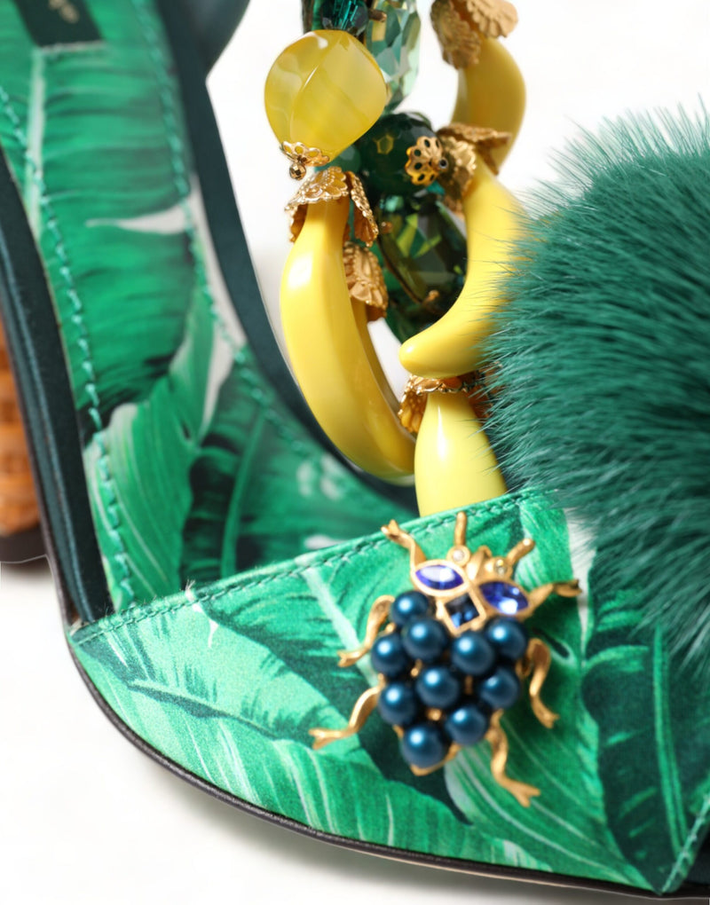 Green Crystal Mink Fur T-Strap Sandals Dolce & Gabbana