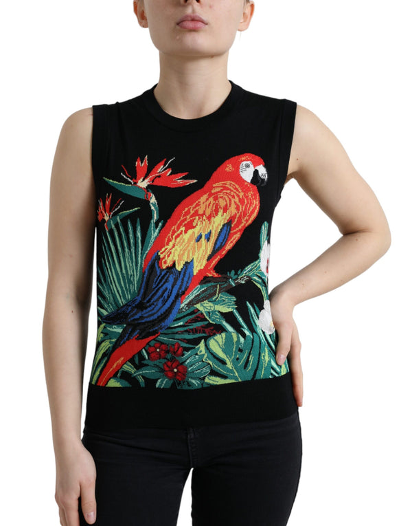 Elegant Crew Neck Wool Silk Tank with Bird Embroidery Dolce & Gabbana