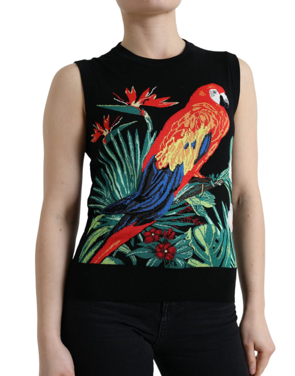 Elegant Crew Neck Wool Silk Tank with Bird Embroidery Dolce & Gabbana