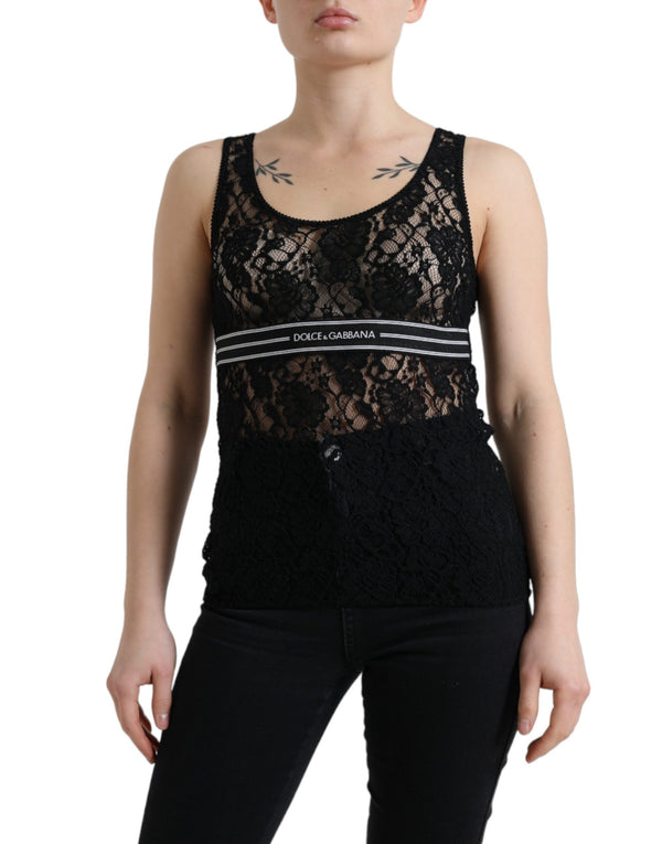 Elegant Lace Tank Top with Logo Stripe Dolce & Gabbana