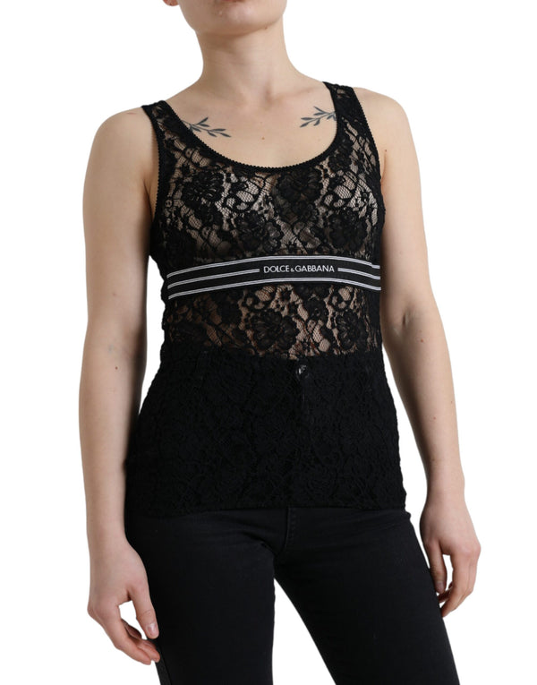 Elegant Lace Tank Top with Logo Stripe Dolce & Gabbana