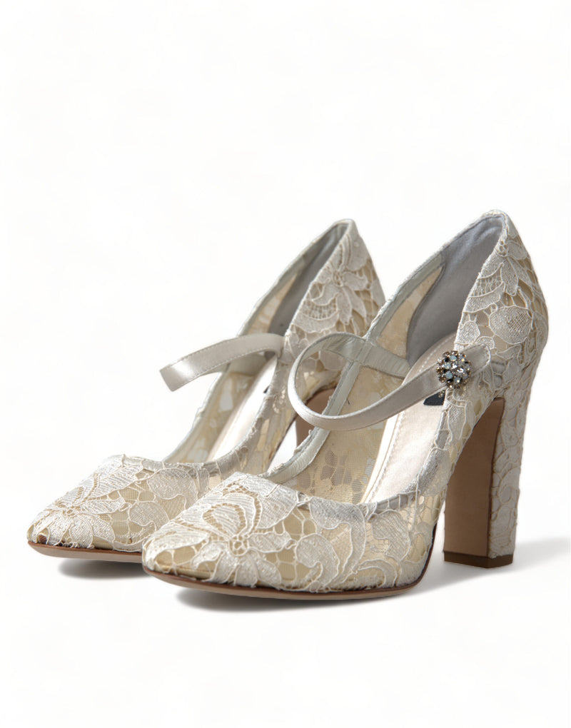 Chic Lace Block Heels Sandals in Cream White Dolce & Gabbana