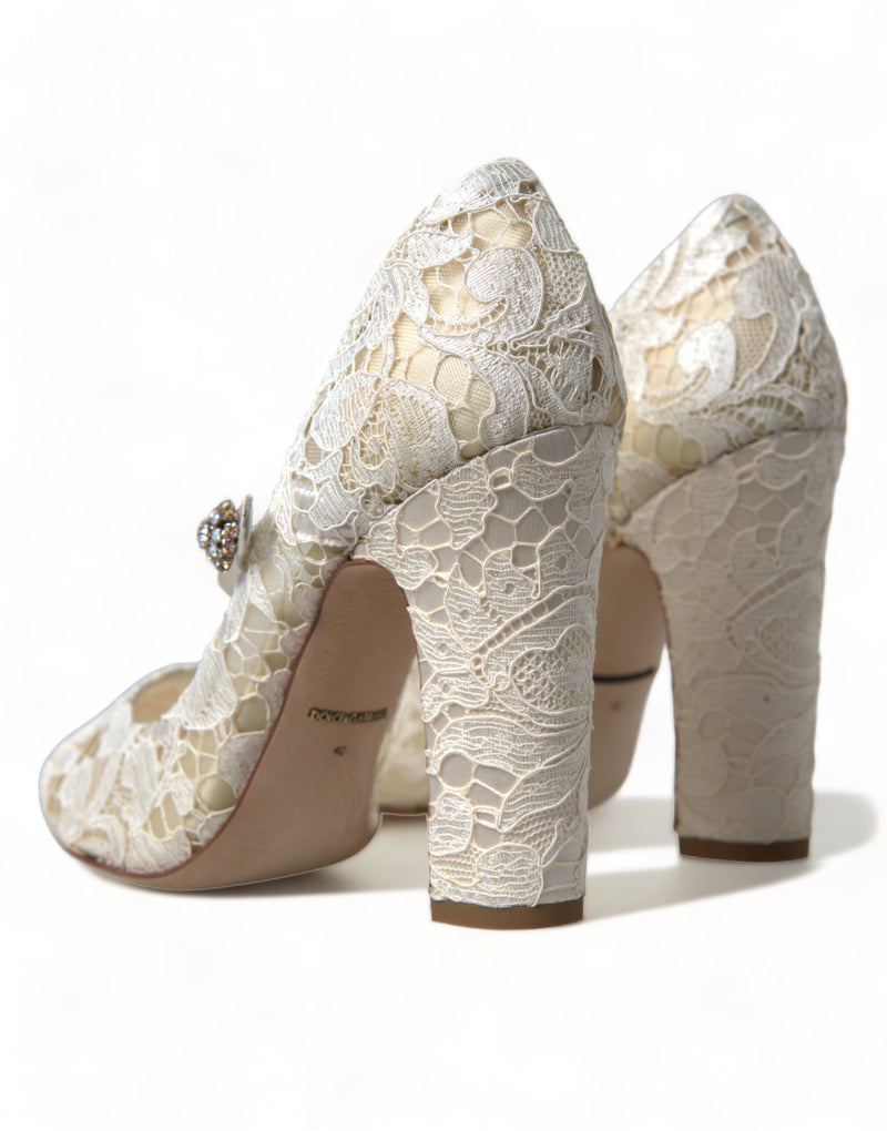 Chic Lace Block Heels Sandals in Cream White Dolce & Gabbana