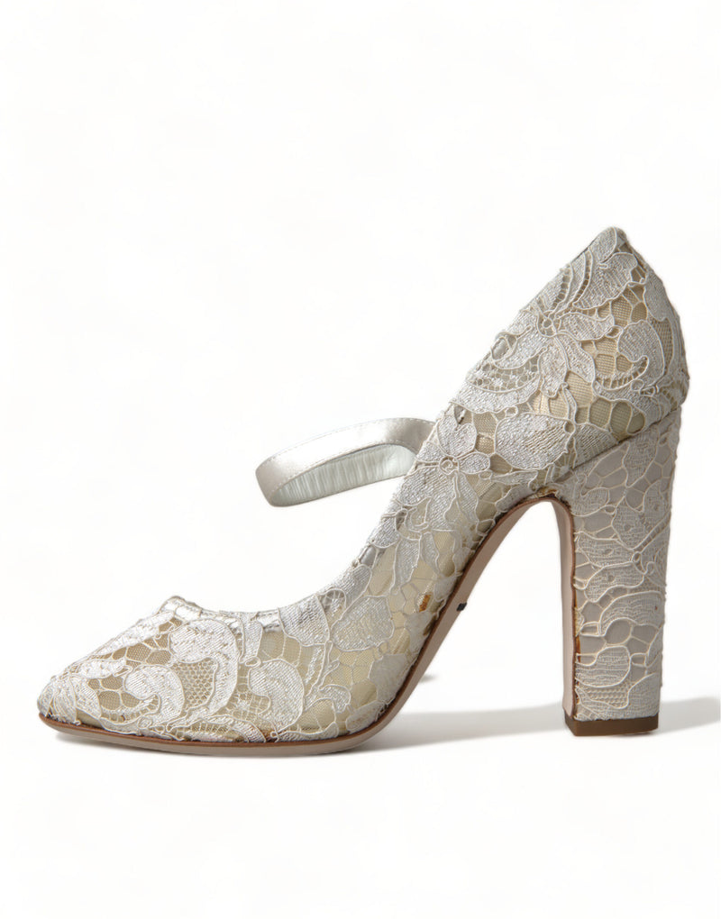 Chic Lace Block Heels Sandals in Cream White Dolce & Gabbana