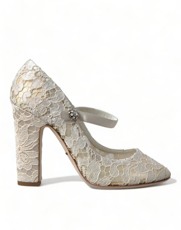 Chic Lace Block Heels Sandals in Cream White Dolce & Gabbana