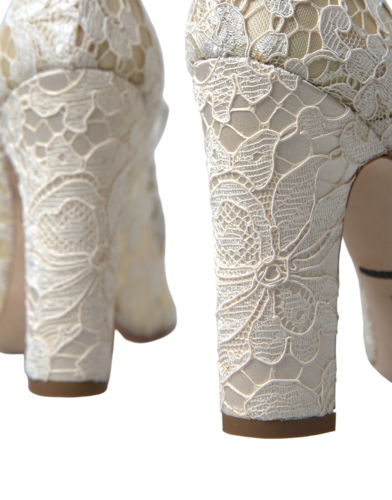 Chic Lace Block Heels Sandals in Cream White Dolce & Gabbana