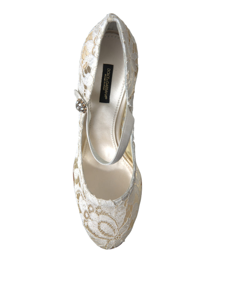 Chic Lace Block Heels Sandals in Cream White Dolce & Gabbana