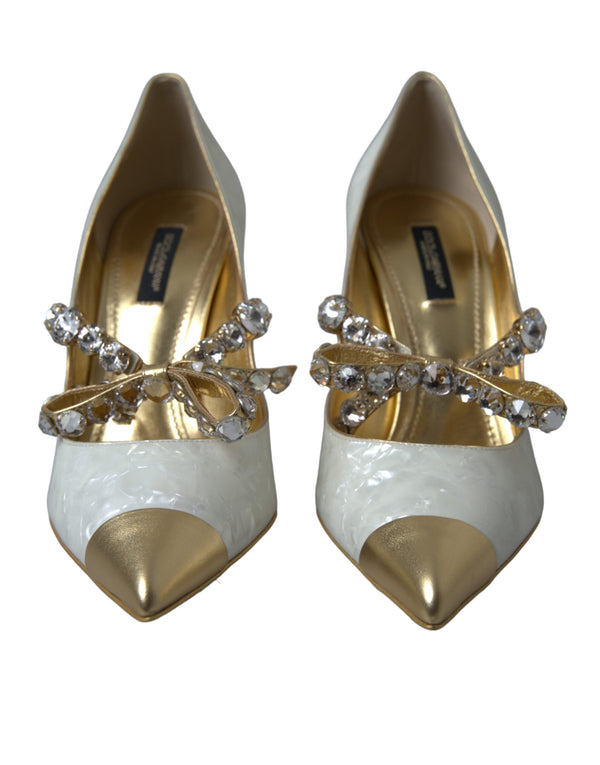 Elegant White Patent Crystal Bow Heels Dolce & Gabbana