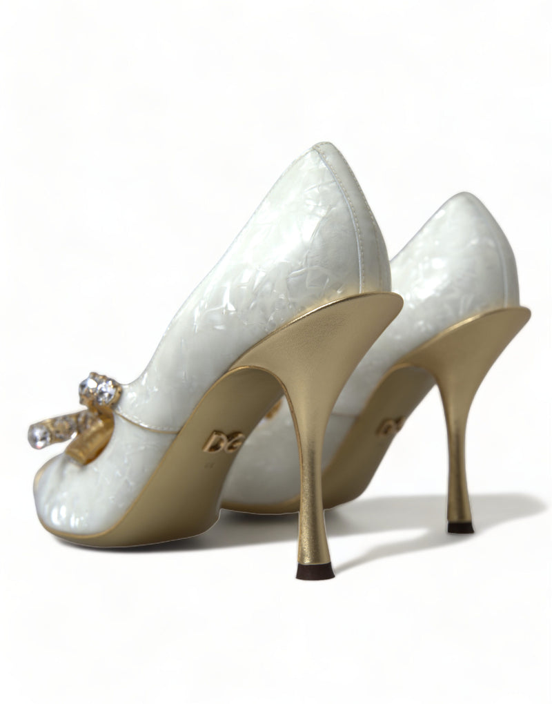 Elegant White Patent Crystal Bow Heels Dolce & Gabbana