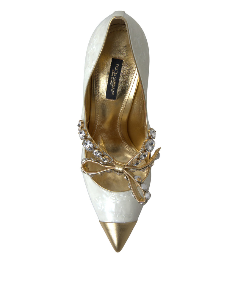 Elegant White Patent Crystal Bow Heels Dolce & Gabbana