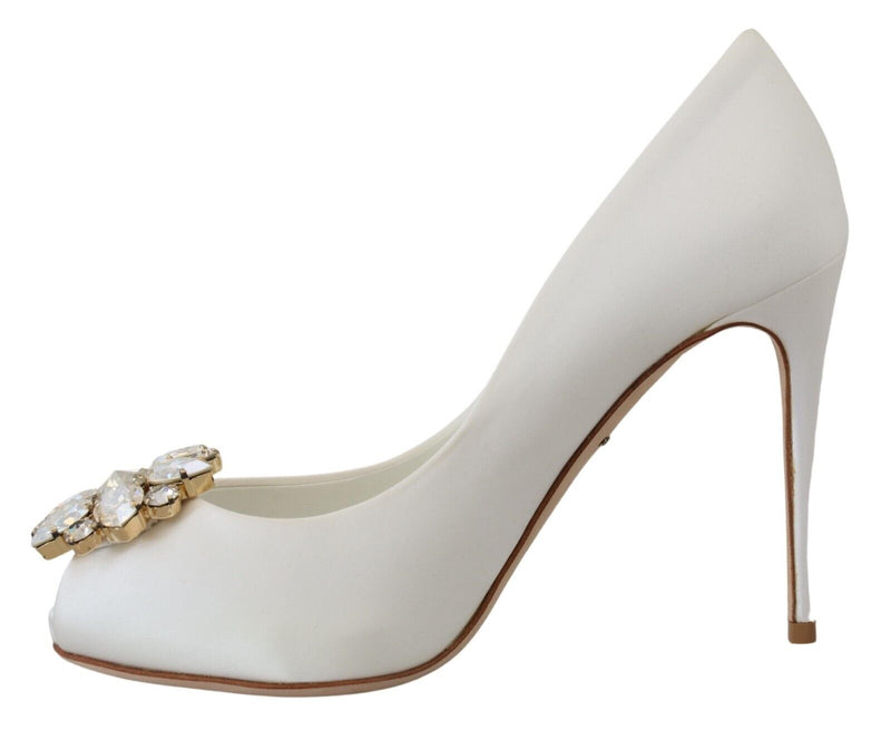 Crystal-Embellished White Peep Toe Heels Dolce & Gabbana