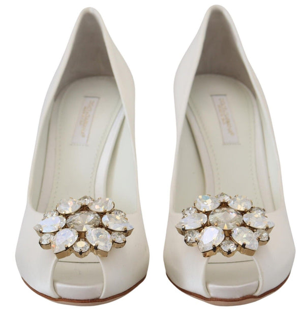 Crystal-Embellished White Peep Toe Heels Dolce & Gabbana