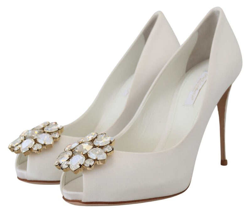 Crystal-Embellished White Peep Toe Heels Dolce & Gabbana