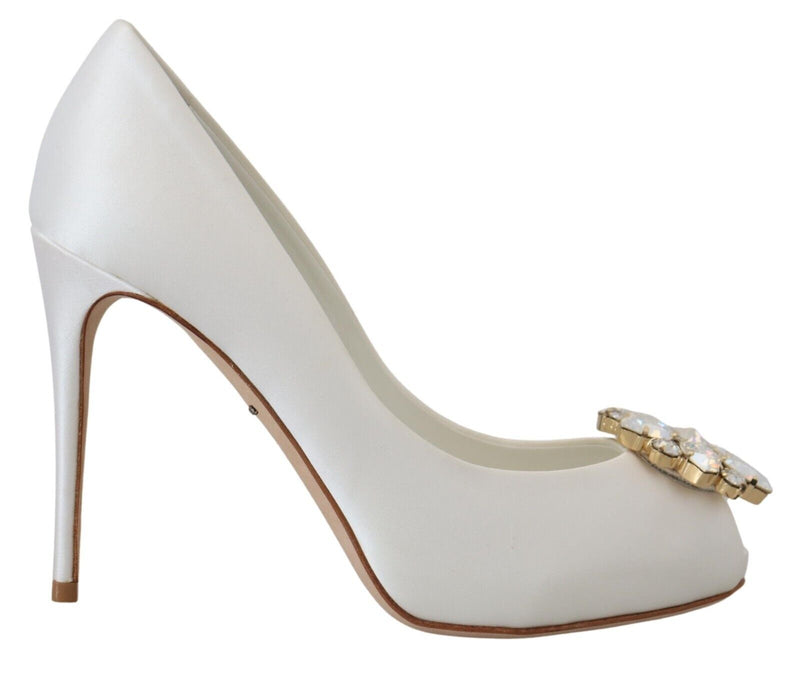 Crystal-Embellished White Peep Toe Heels Dolce & Gabbana