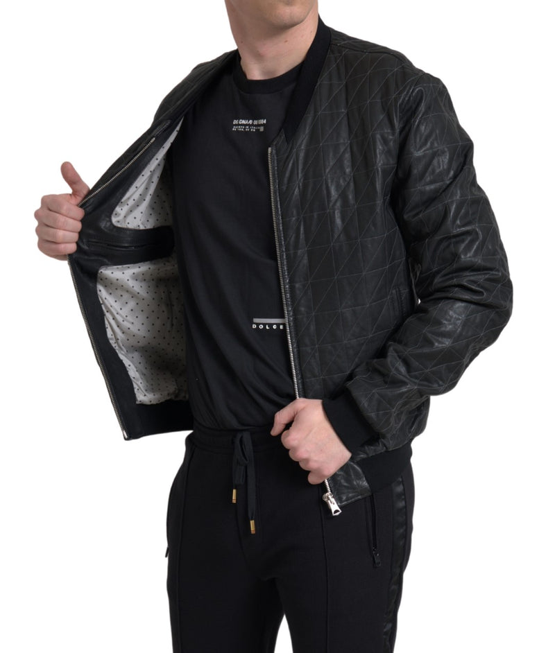 Elegant Black Leather Bomber Jacket Dolce & Gabbana