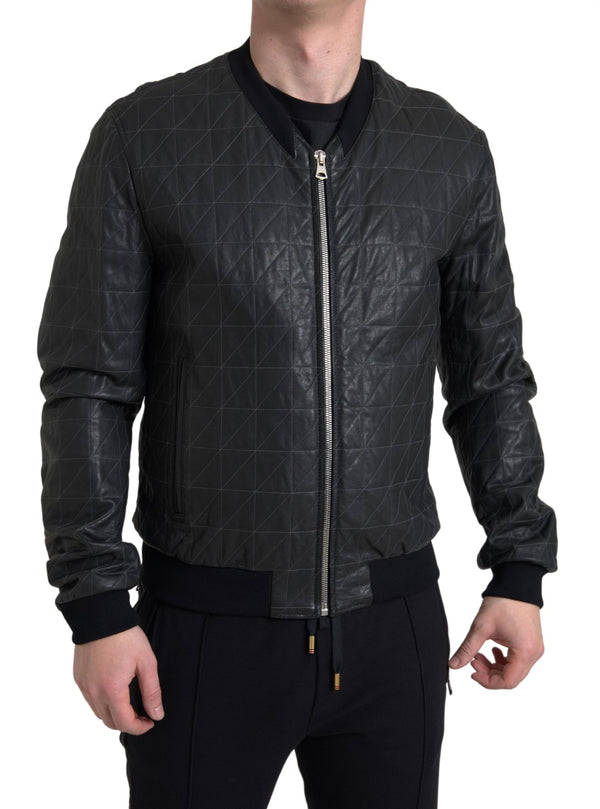 Elegant Black Leather Bomber Jacket Dolce & Gabbana