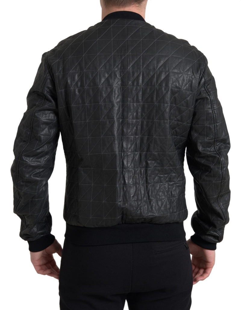 Elegant Black Leather Bomber Jacket Dolce & Gabbana