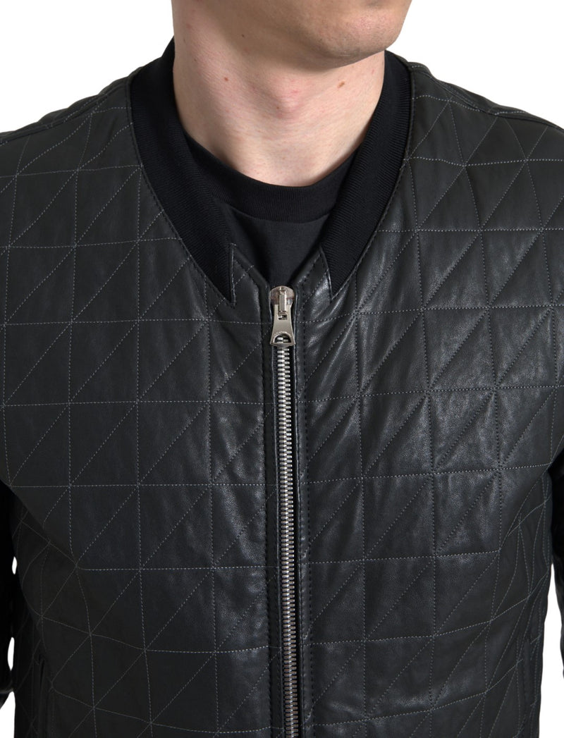 Elegant Black Leather Bomber Jacket Dolce & Gabbana