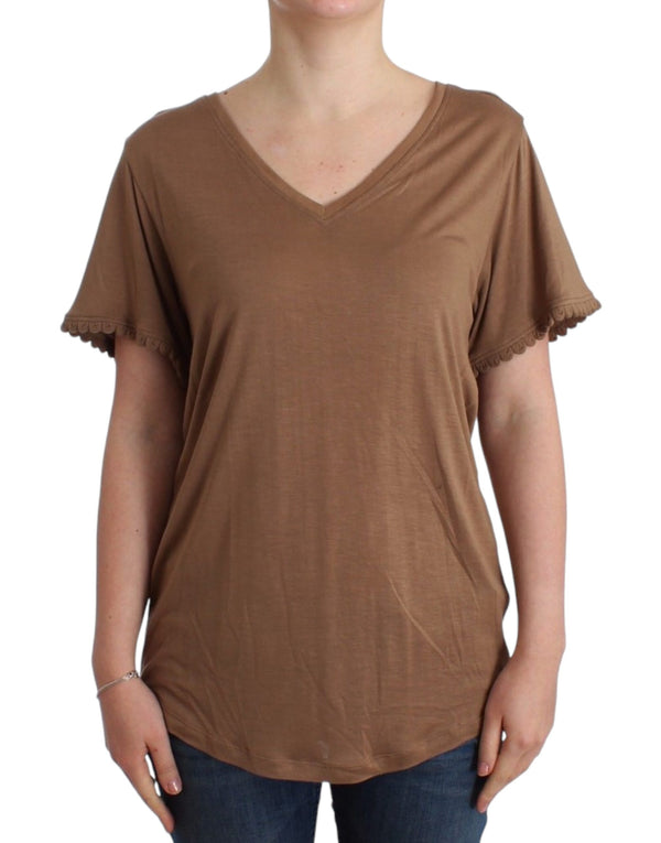 Elegant Short-Sleeved Brown Rayon Top John Galliano