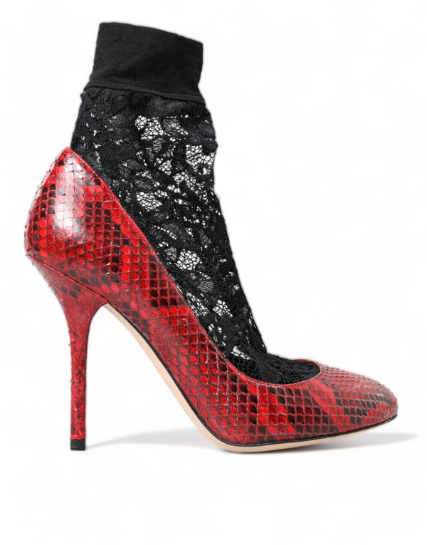 Red Almond Toe Snakeskin Pumps with Lace Socks Dolce & Gabbana