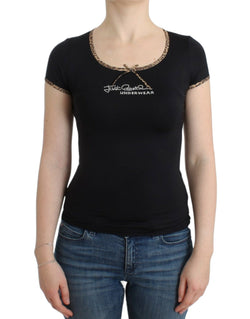 Chic Black Crewneck Top with Leopard Details Cavalli