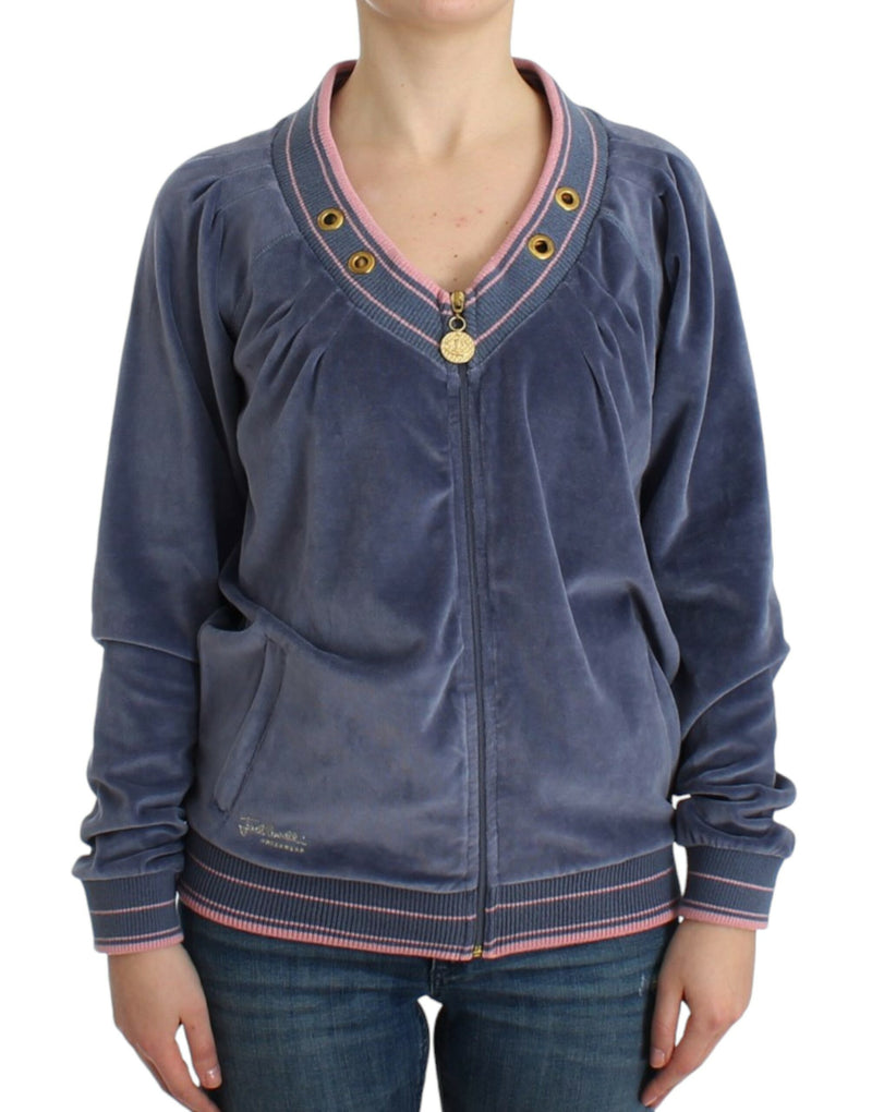 Elegant Blue Zip Cardigan with Gold Details Cavalli