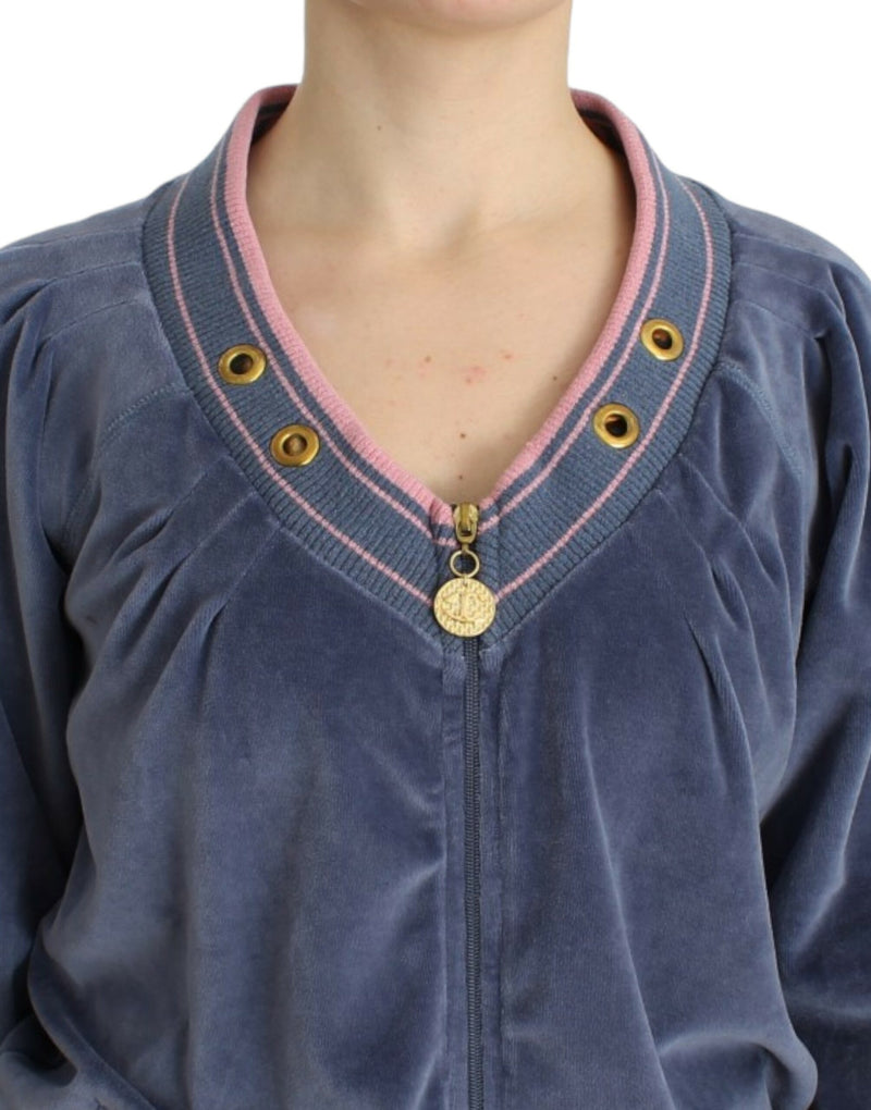 Elegant Blue Zip Cardigan with Gold Details Cavalli