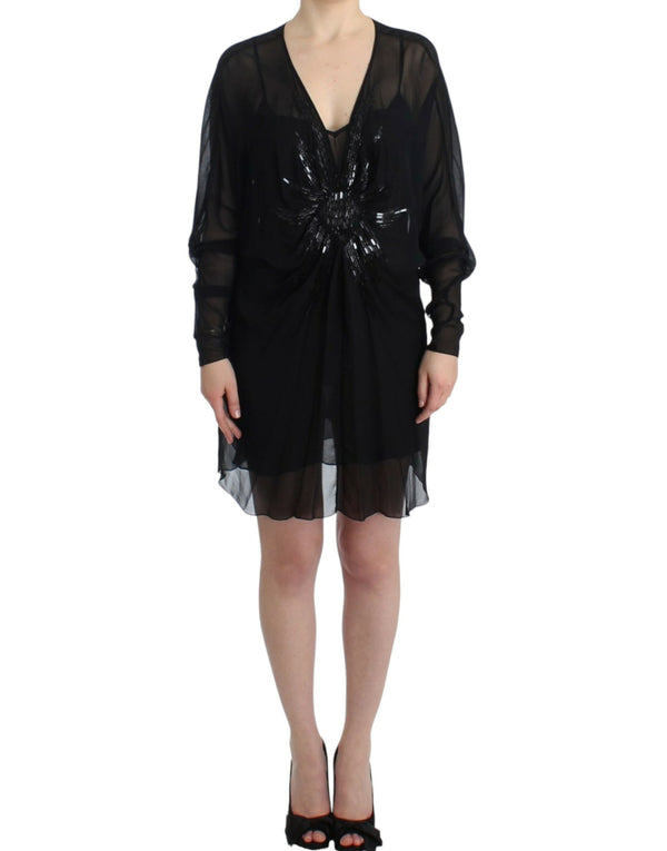 Elegant Sheer Black Silk Blouson Dress Cavalli