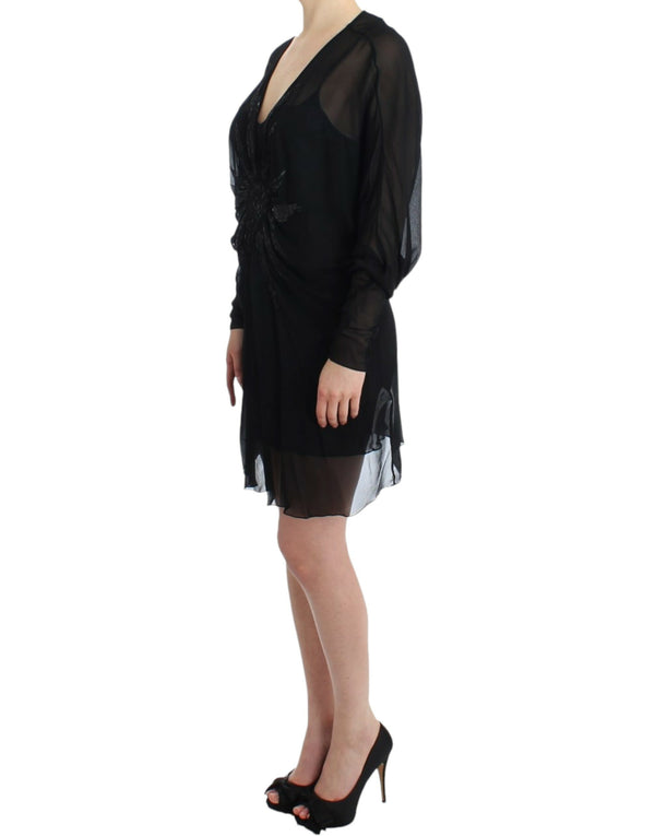 Elegant Sheer Black Silk Blouson Dress Cavalli