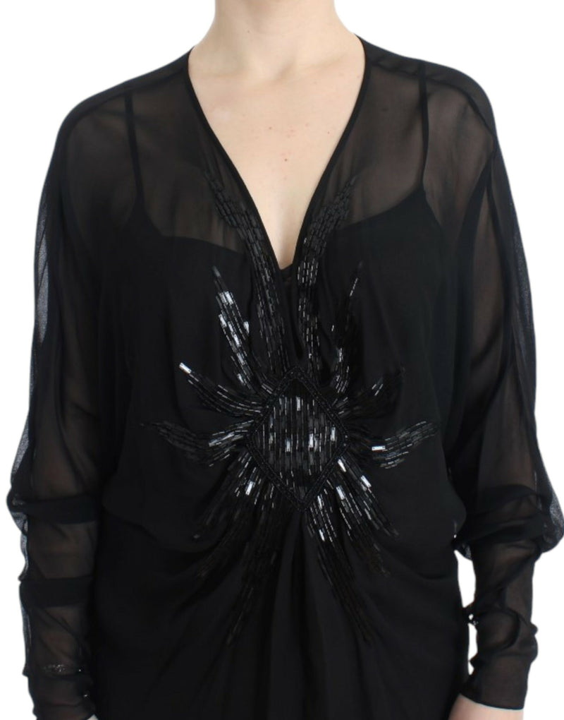 Elegant Sheer Black Silk Blouson Dress Cavalli