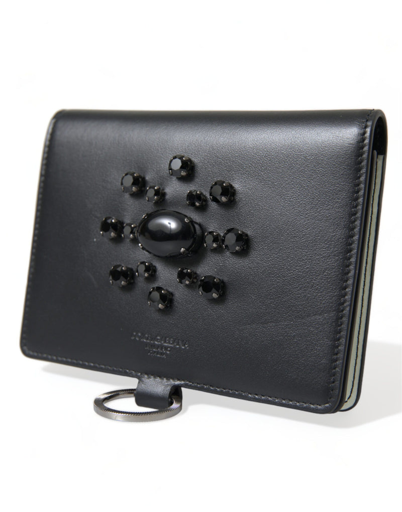 Elegant Black Leather Crystal Card Holder Wallet Dolce & Gabbana