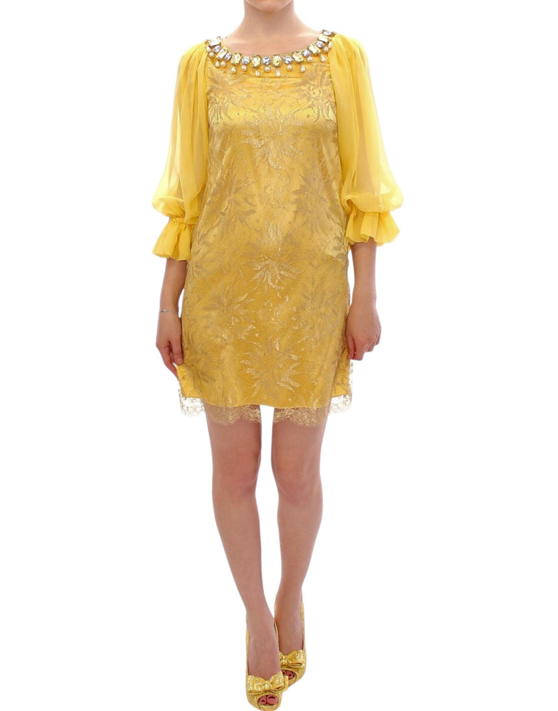 Yellow Lace Crystal Embellished Mini Dress Dolce & Gabbana