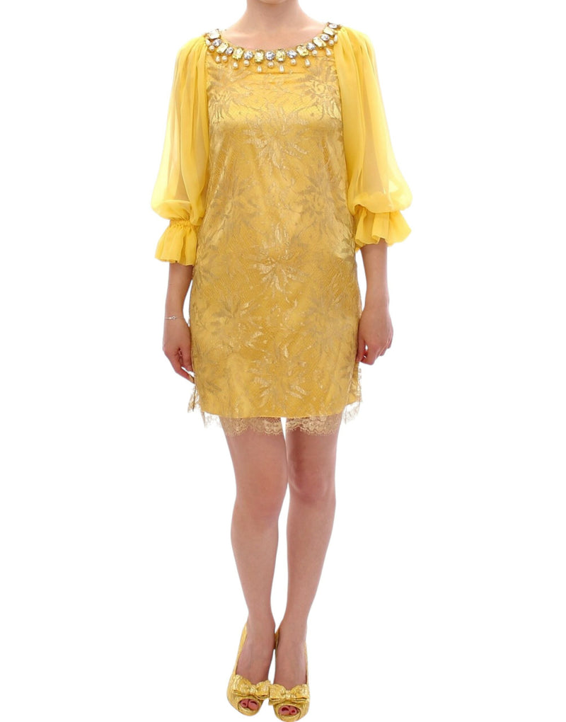 Yellow Lace Crystal Embellished Mini Dress Dolce & Gabbana