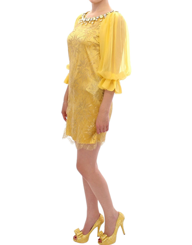 Yellow Lace Crystal Embellished Mini Dress Dolce & Gabbana