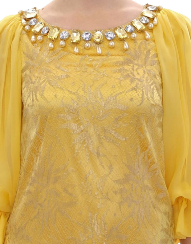 Yellow Lace Crystal Embellished Mini Dress Dolce & Gabbana