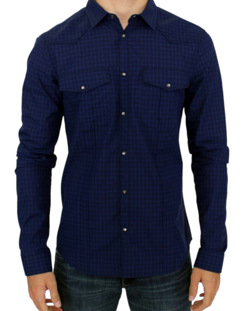 Chic Blue Checkered Casual Cotton Shirt Costume National