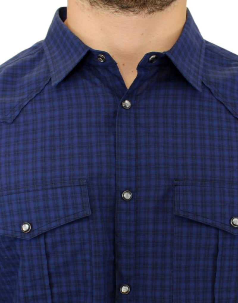 Chic Blue Checkered Casual Cotton Shirt Costume National