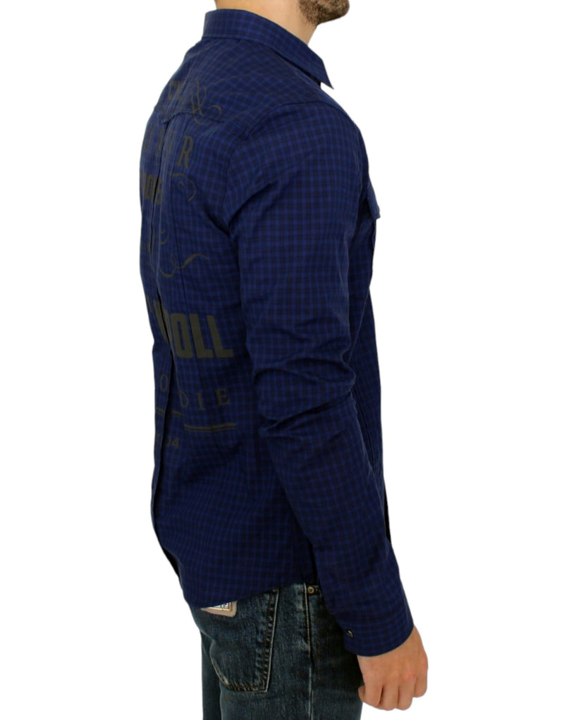 Chic Blue Checkered Casual Cotton Shirt Costume National