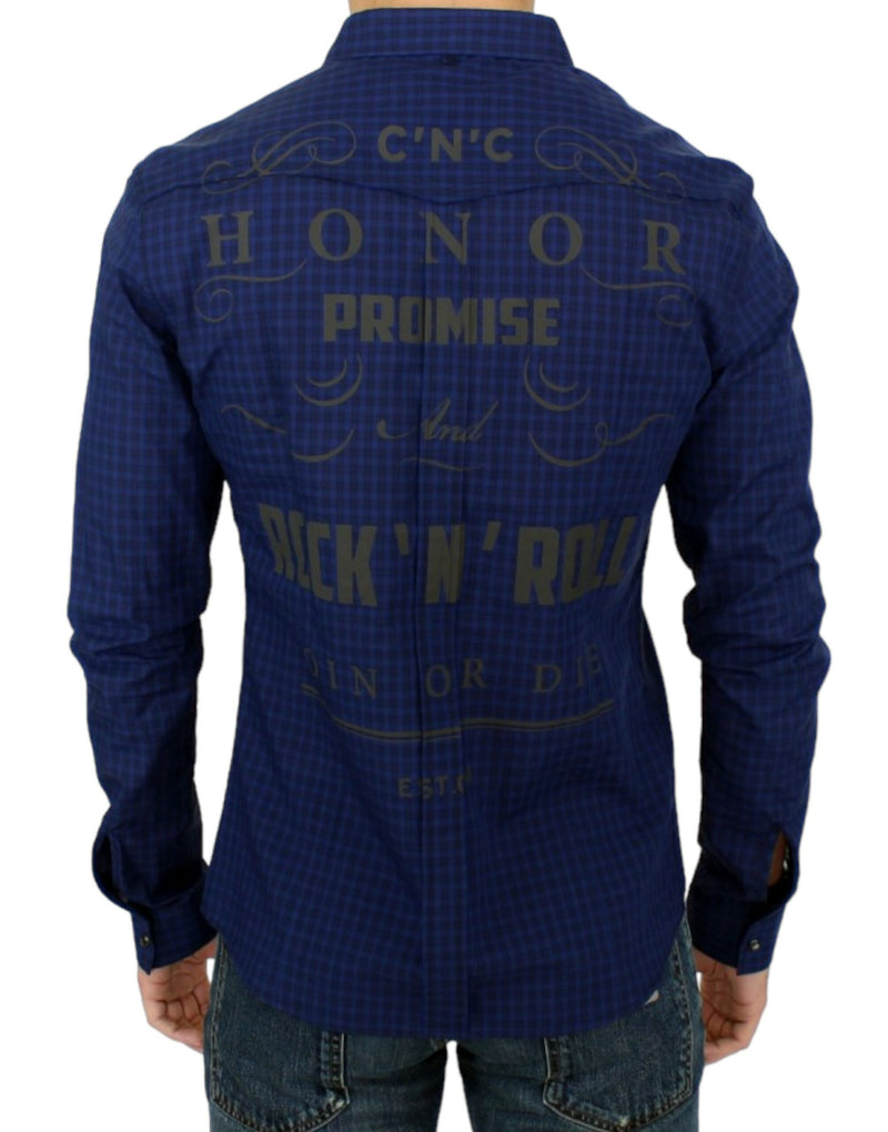 Chic Blue Checkered Casual Cotton Shirt Costume National